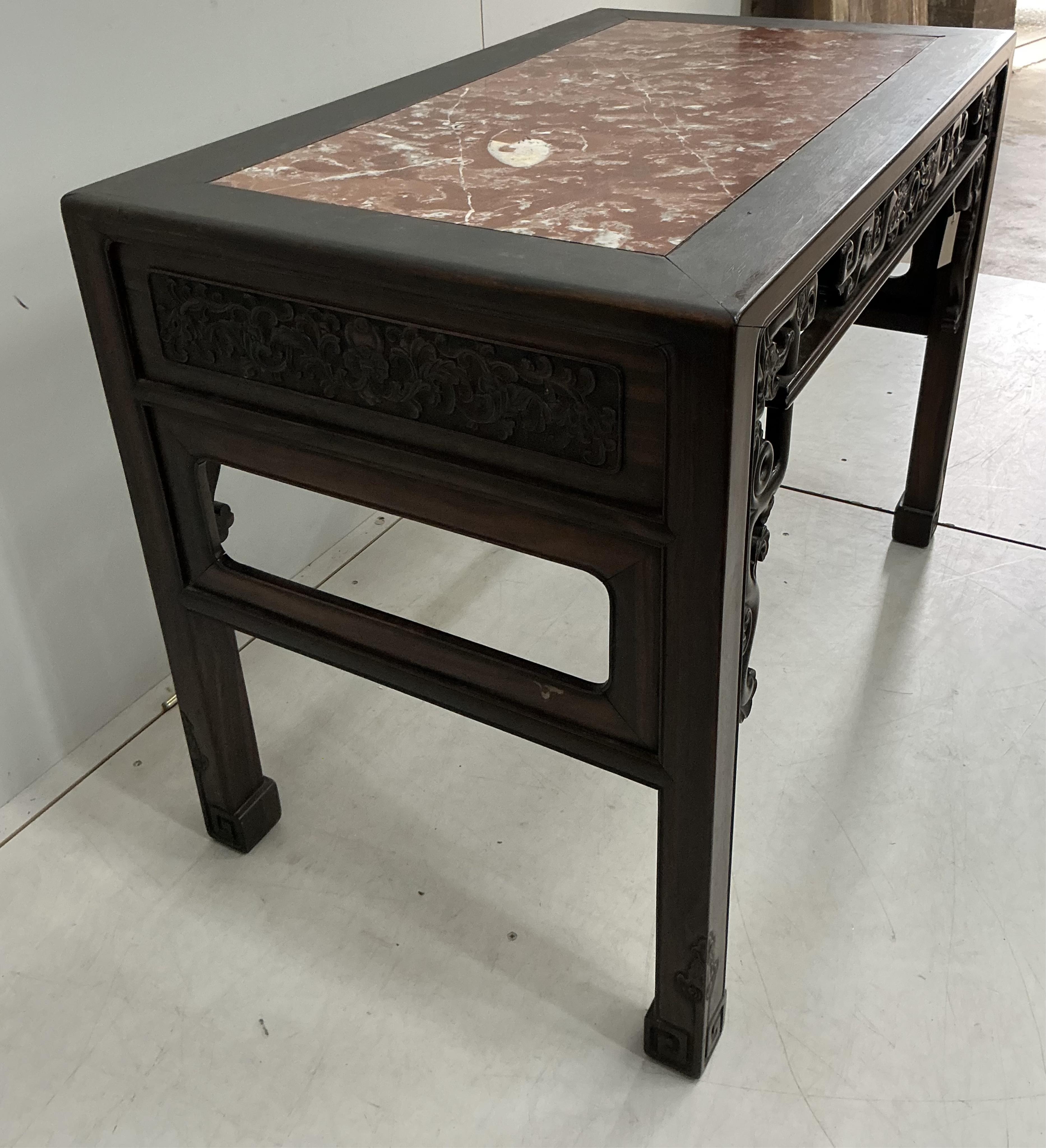 A late 19th / early 20th century Chinese rectangular marble topped hongmu table, width 106cm, depth 60cm, height 76cm